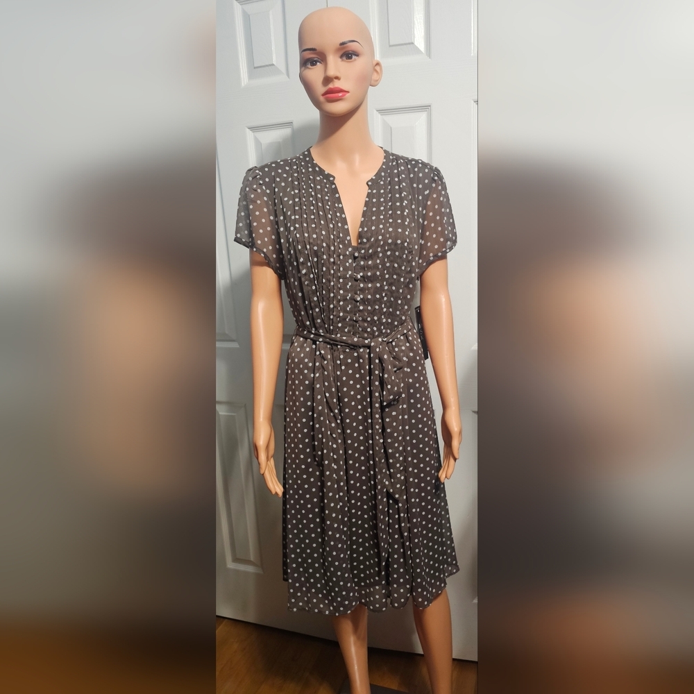 MSK Polka Dot Split-Neck Short Sleeve Chiffon Brown Cottagecore Dress Sz 14 - Picture 2 of 4